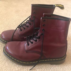 Dr Martens boots. Nearly brand new only worn once! Burgundy w/yellow stitching
